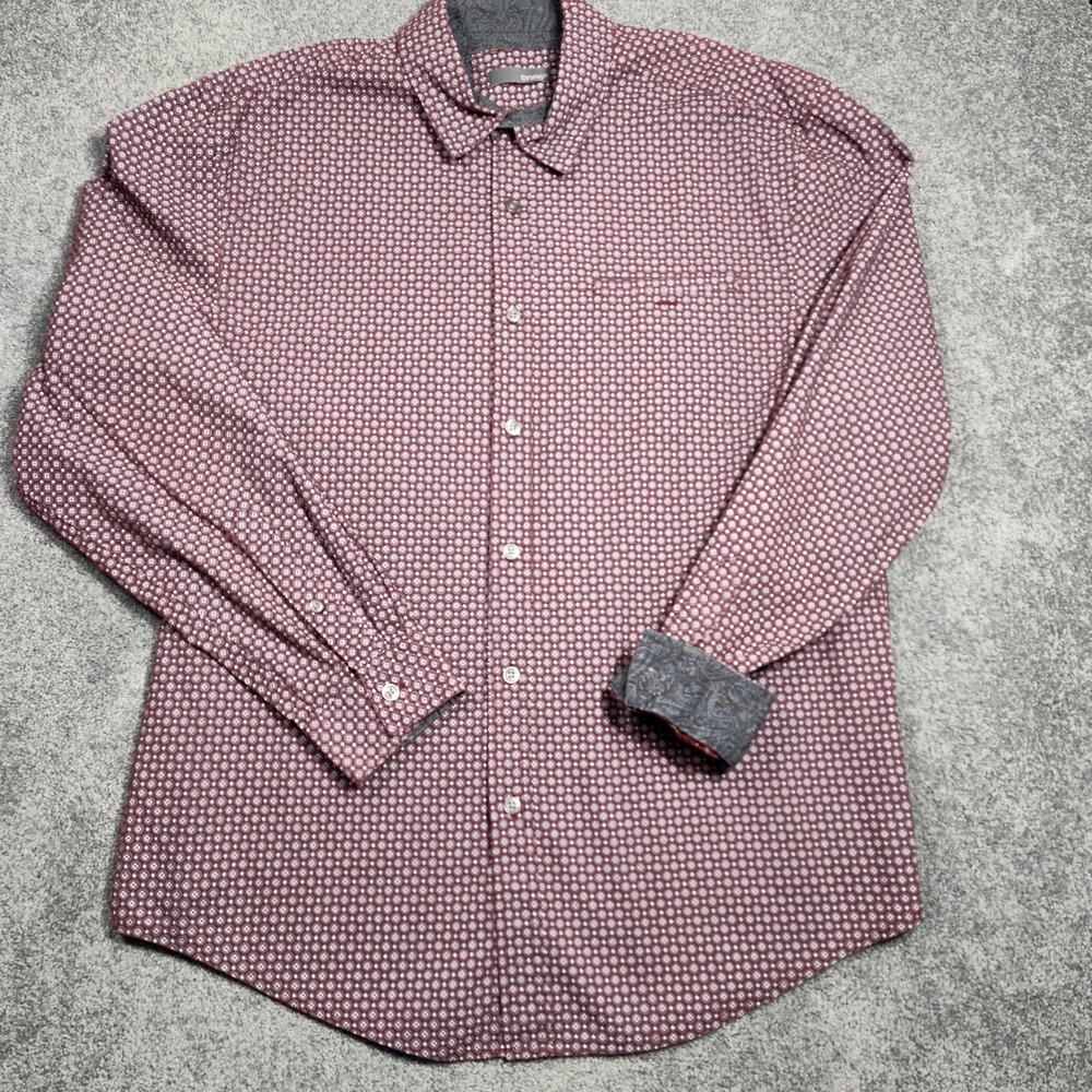 Bruno Mens L Burgundy Red Floral Button Down Long Sleeve Shirt Cotton